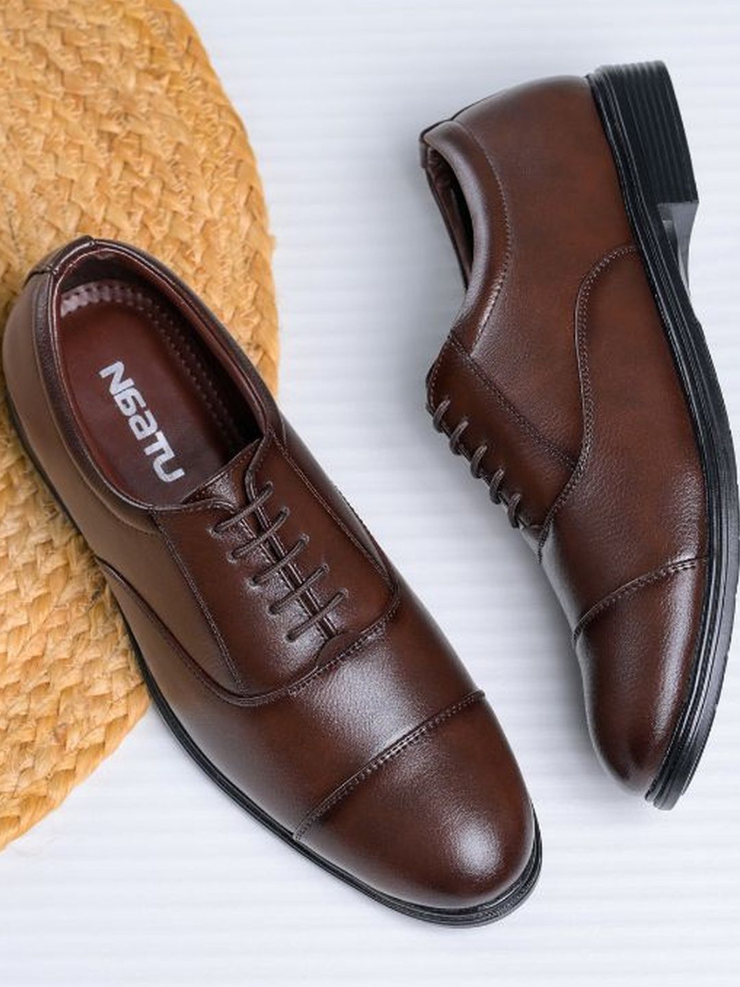 NAATU Men Brown Round Toe Lace Up PU Oxford Formal Shoes-picture-5