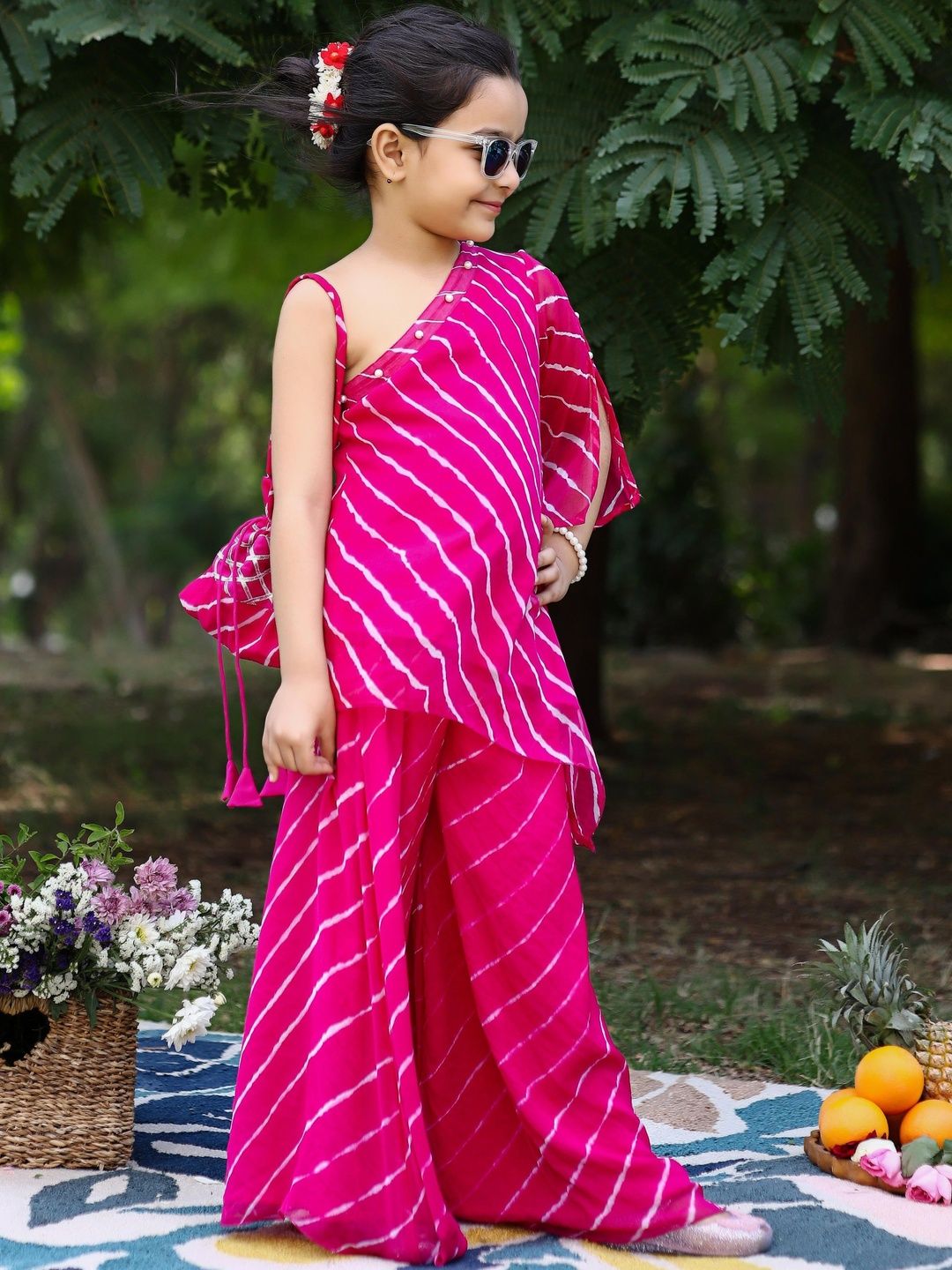 Sangria Girls Leheriya One Shoulder Kurta Set-picture-34