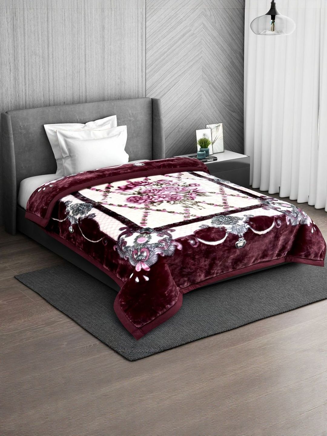 Signature Maroon & White Floral Mink Heavy Winter Single Bed Blanket-image-10