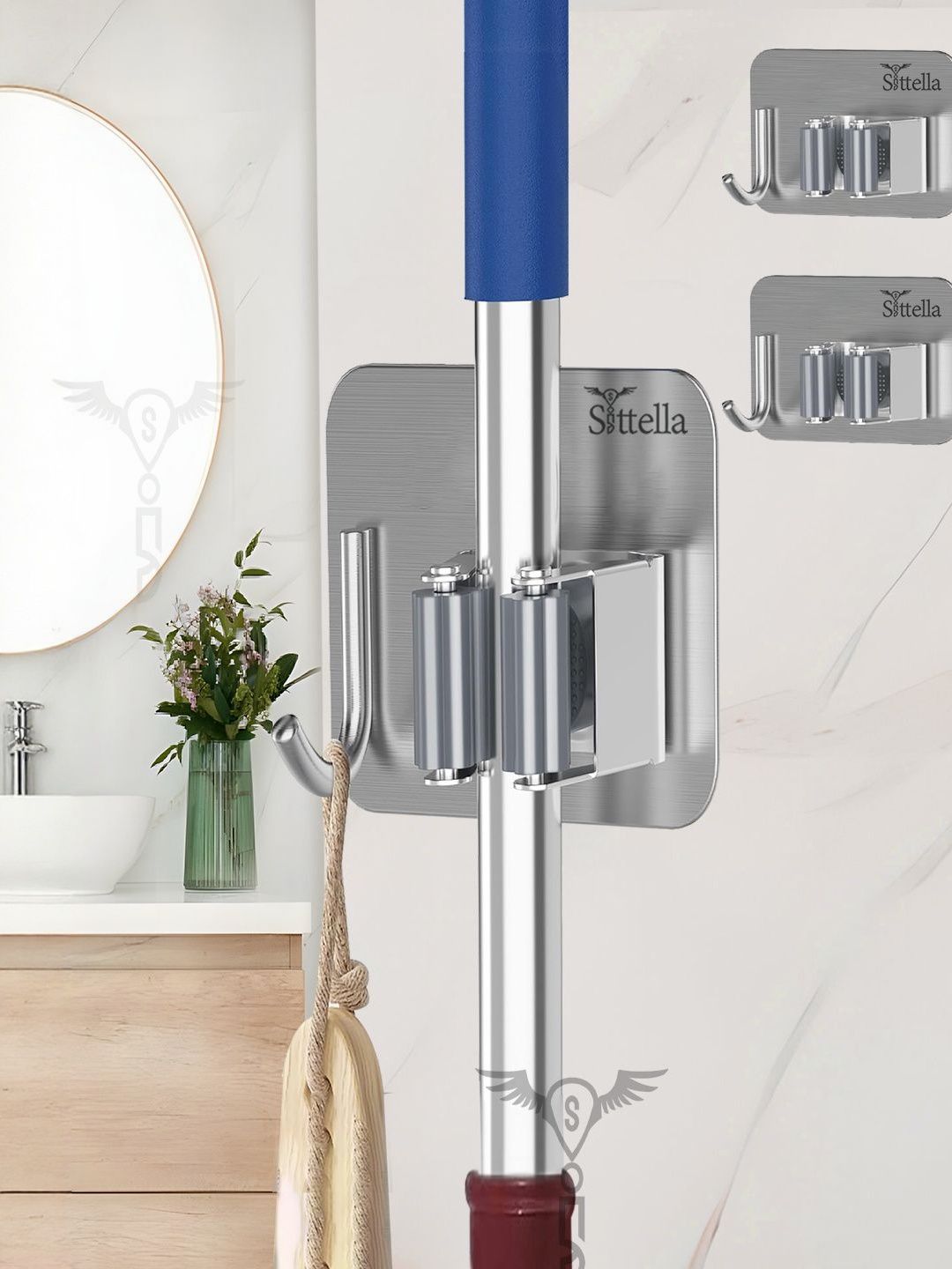 SITTELLA Siler Set of 3 Stainless Steel Broom and Mop Stick Holder-picture-16