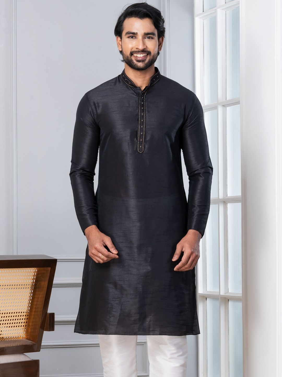 PulseIQ Men Woven Design Dupion Silk Straight Kurtas-picture-18