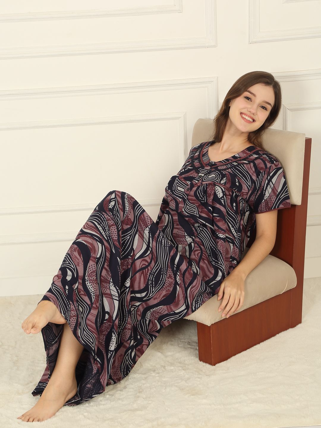 Sweet Dreams Women Abstract Printed Round Neck Maxi Nightdress-picture-28