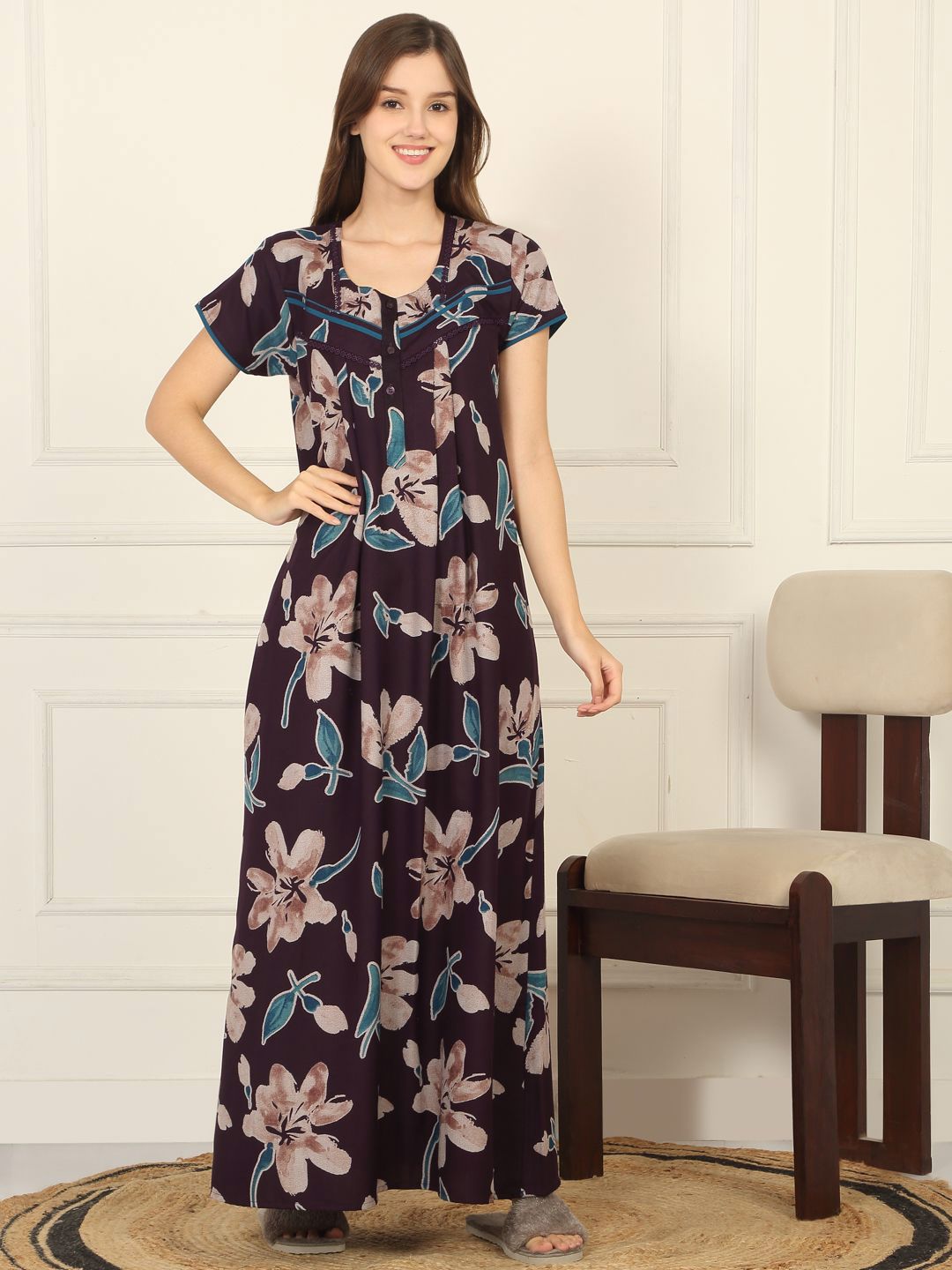 Sweet Dreams Floral Printed Round Neck Pure Cotton Maxi Nightdress-picture-30