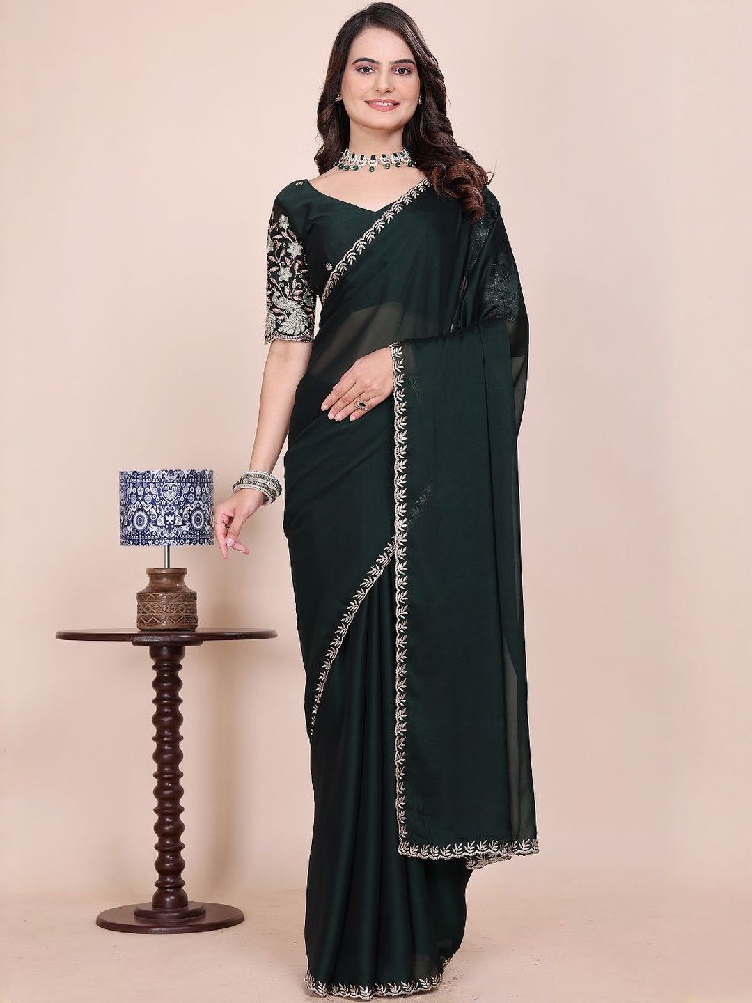 K 5 Fashion Ethnic Motifs Embroidered Pure Chiffon Heavy Work Saree-picture-20