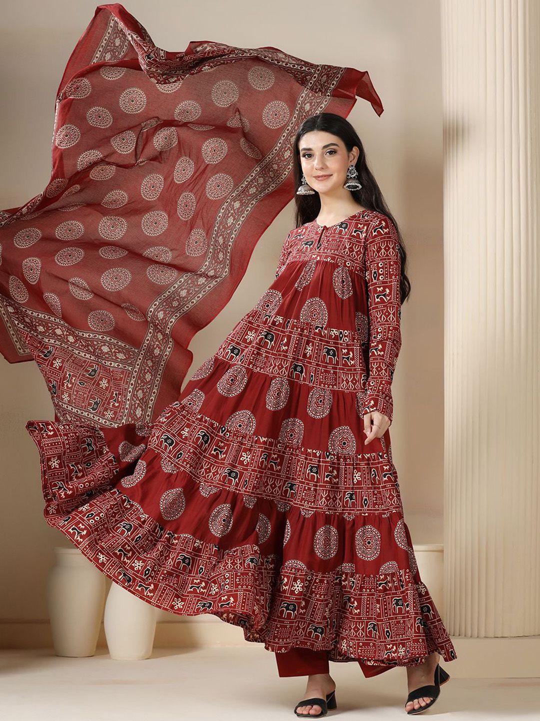 Mizaz Women Ethnic Motifs Printed Tiered Kurta with Trousers & Dupatta-picture-22