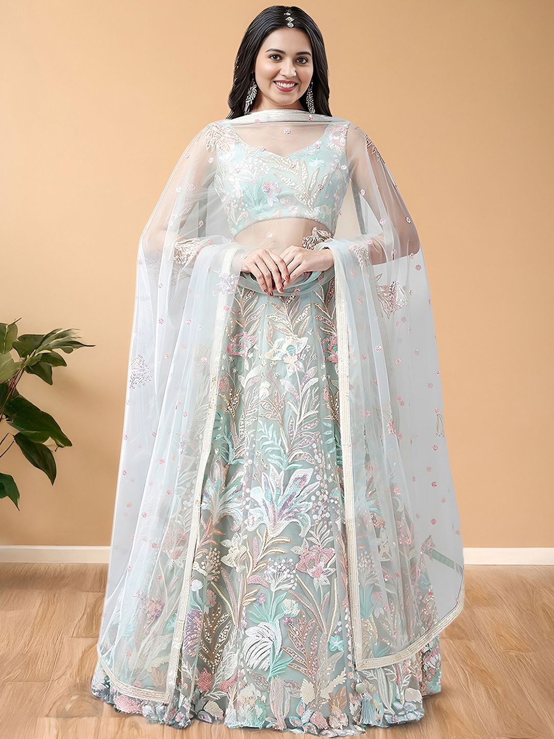 Zeel Clothing Embroidered Sequinned Net Lehenga & Unstitched Blouse With Dupatta-image-42