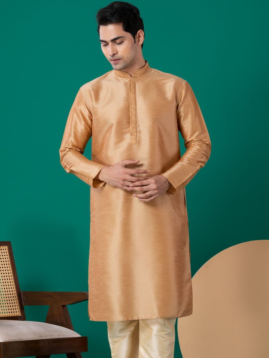 PulseIQ Men Woven Design Dupion Silk Straight Kurtas-picture-23