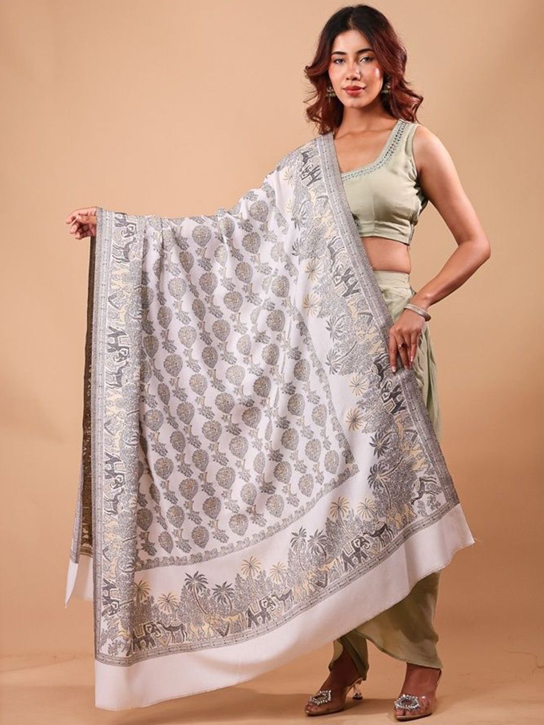 THE SHAWL STUDIO Ethnic Motifs Woven Design Elephant Border Resham Kani Pure Modal Shawl-picture-18