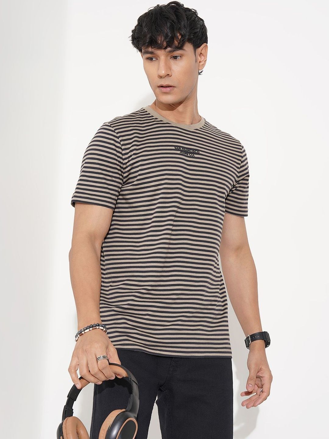 SF JEANS by Pantaloons Striped Round Neck Pure Cotton Slim Fit T-shirt-picture-30