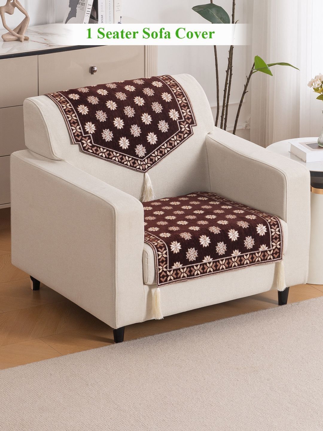 HOKIPO Coffee Brown Floral Premium Jacquard 1 Seater Sofa Cover for Seat and Back-picture-52