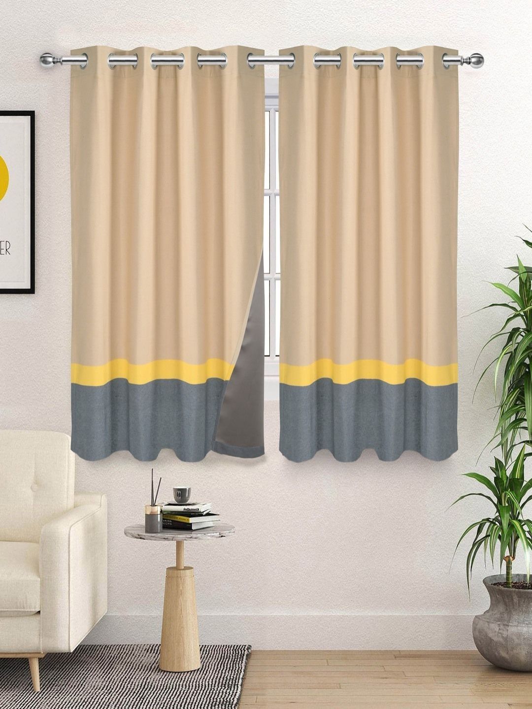 Saral Home Grey And Beige 2 Pieces Colourblocked Black Out Cotton Window Curtains-picture-14