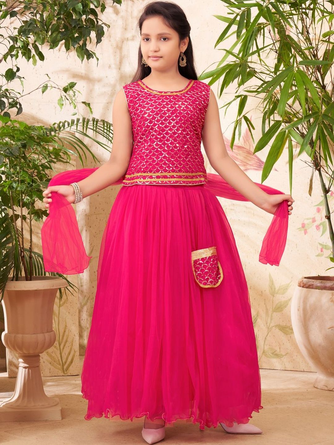 Muhuratam Girls Pink Embellished Lehenga & Blouse With Dupatta-image-32