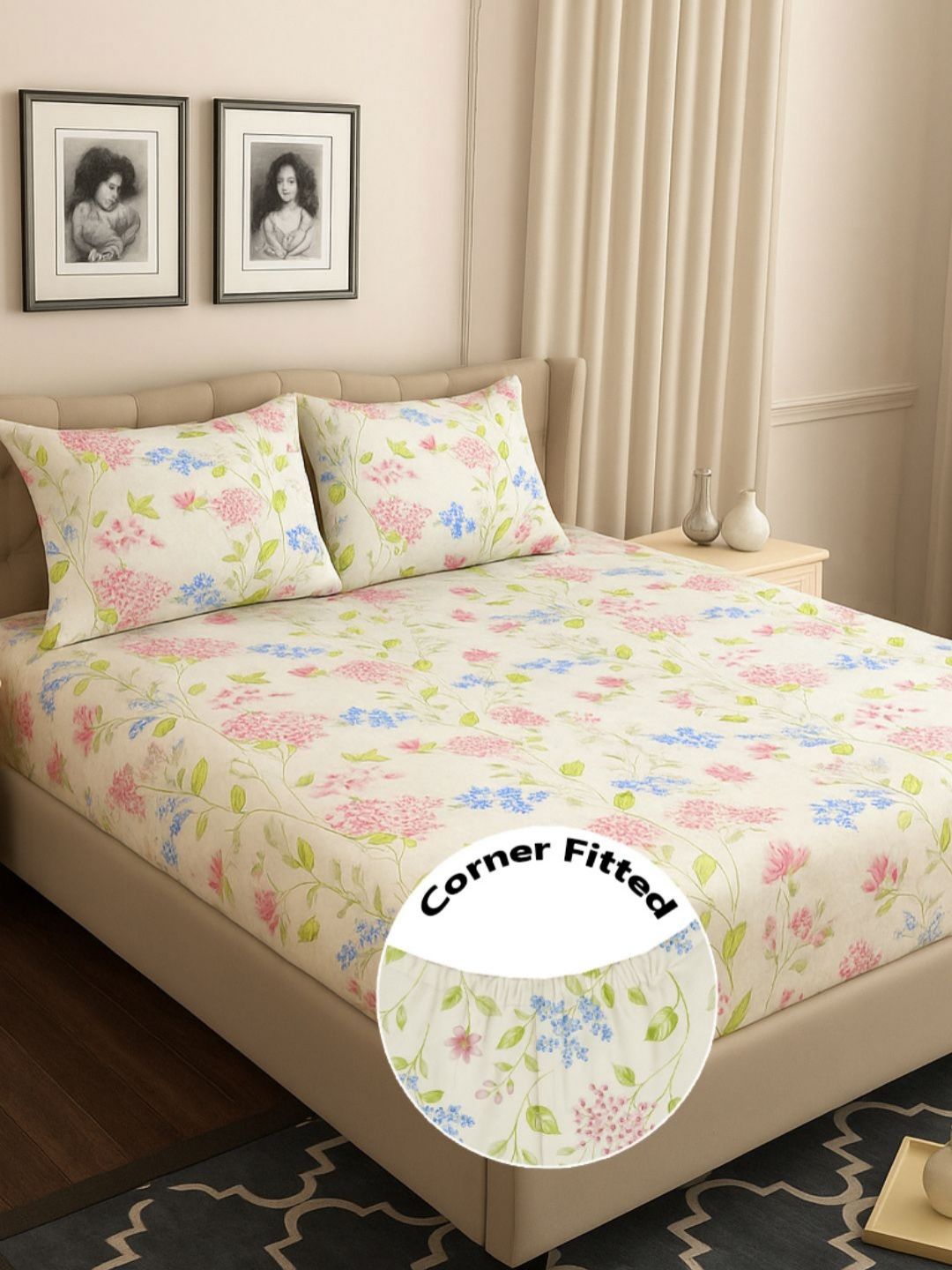 bsb home Pink & White Floral Printed 210 TC Fitted Bedsheet Set 1.82 m x 1.72 m-picture-12