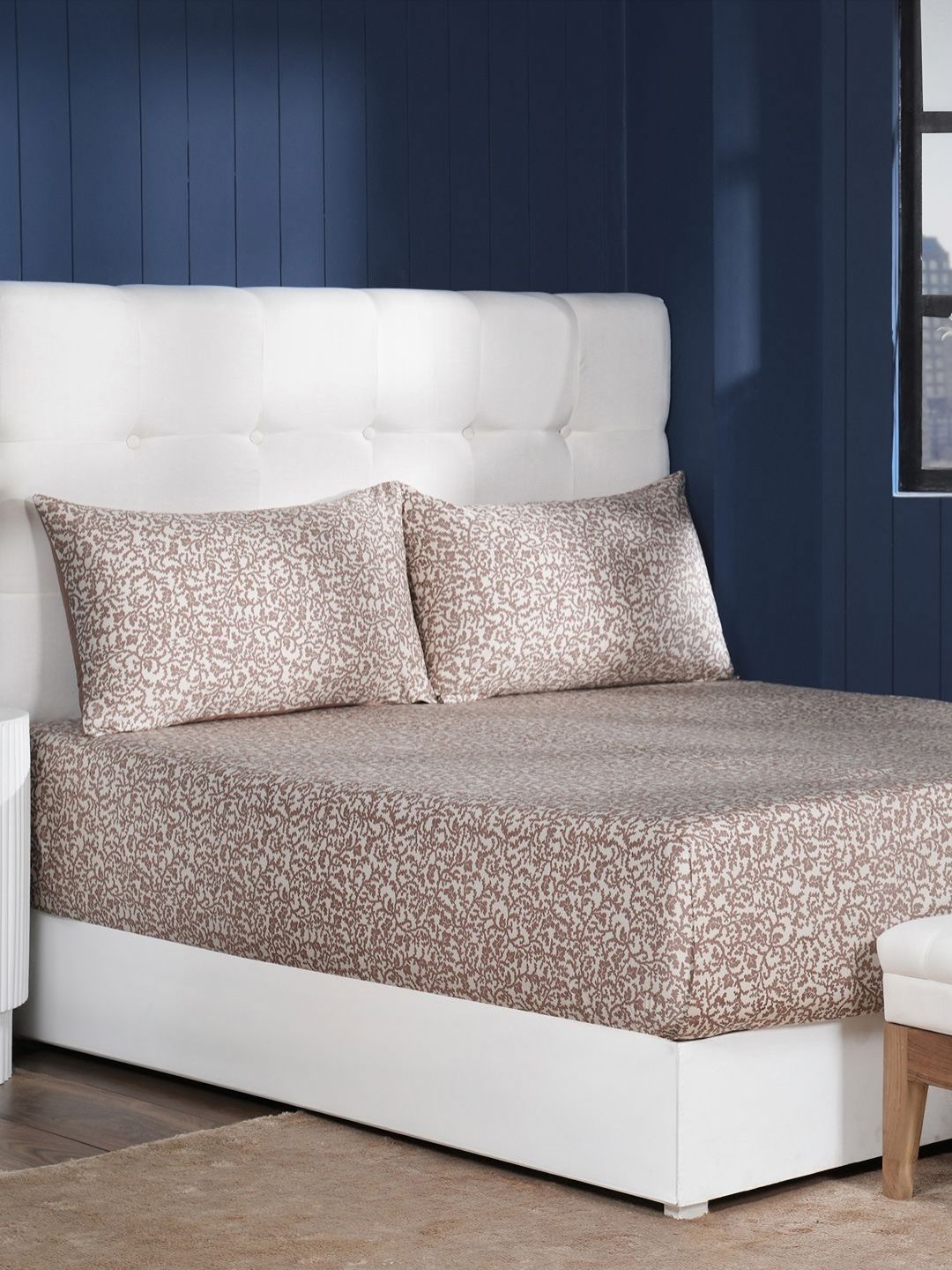 MASPAR Brown & White Floral Printed 400 TC Pure Cotton King Bedsheet Set 2.75 m x 2.75 m-picture-37