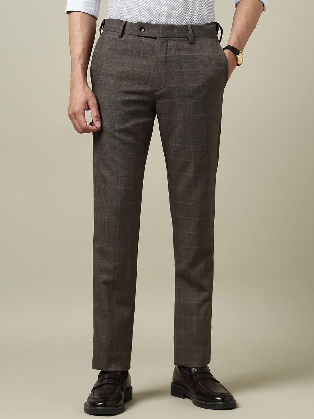 Arrow Men Checked Slim Fit Mid-Rise Formal Trousers-image-32