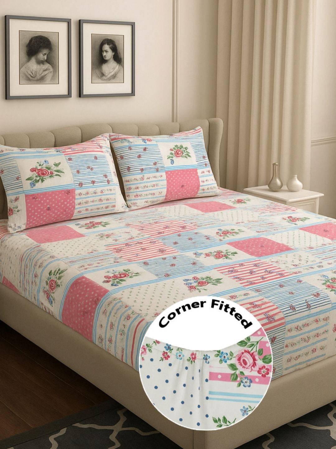 bsb home Pink & White Floral Printed 210 TC Fitted Bedsheet Set 1.82 m x 1.72 m-picture-13