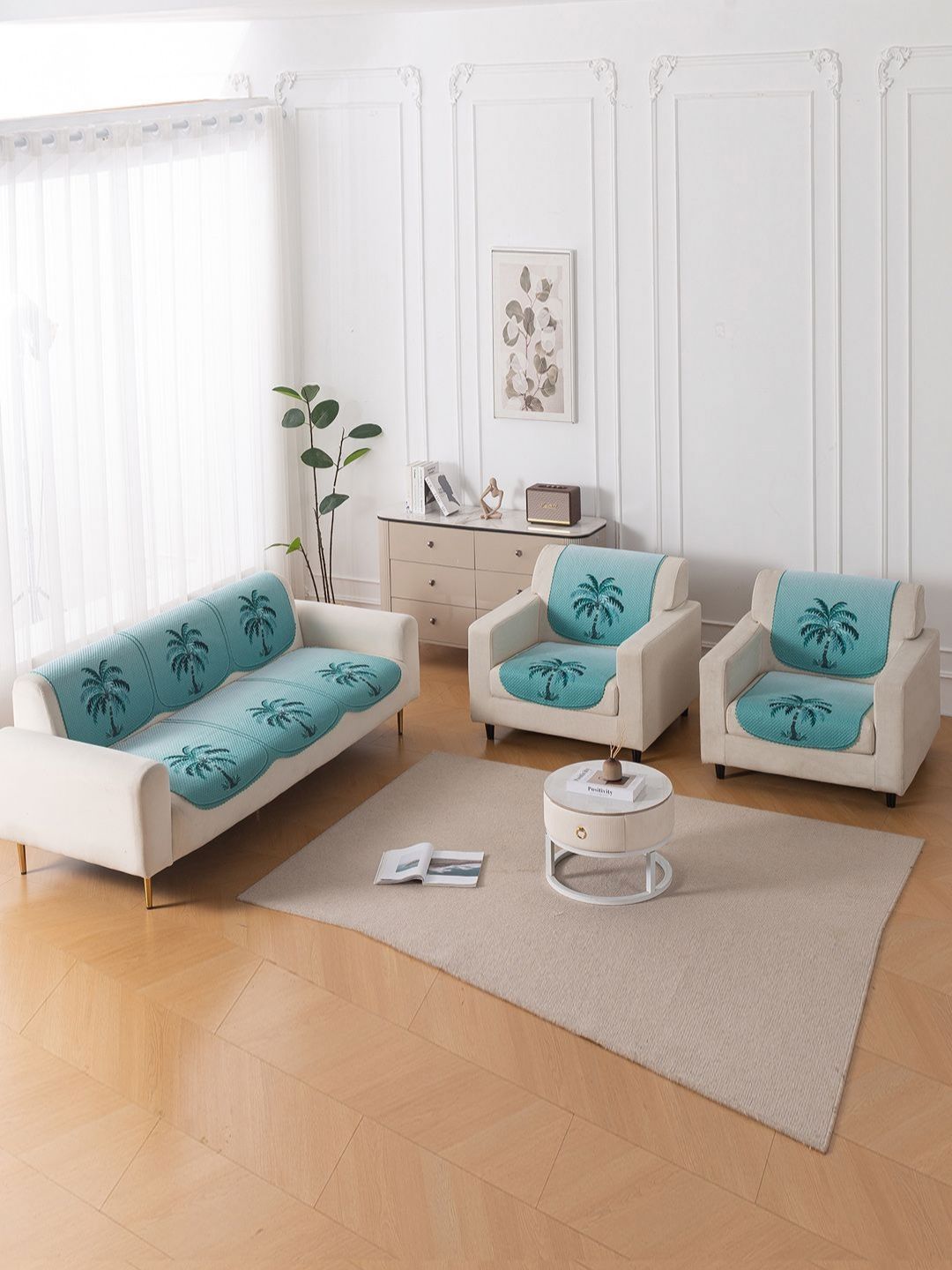 HOKIPO HeavenHue Blue & White 10 Pieces Printed 5 Seater Sofa Covers-picture-36