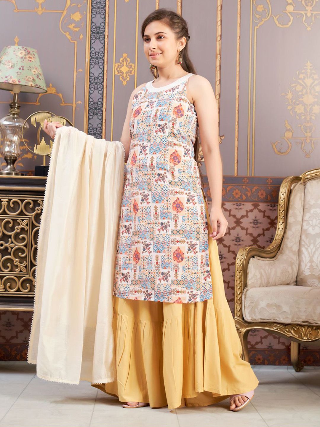 BAESD Girls Ethnic Motifs Printed Round Neck Pure Cotton A-Line Kurta-picture-17