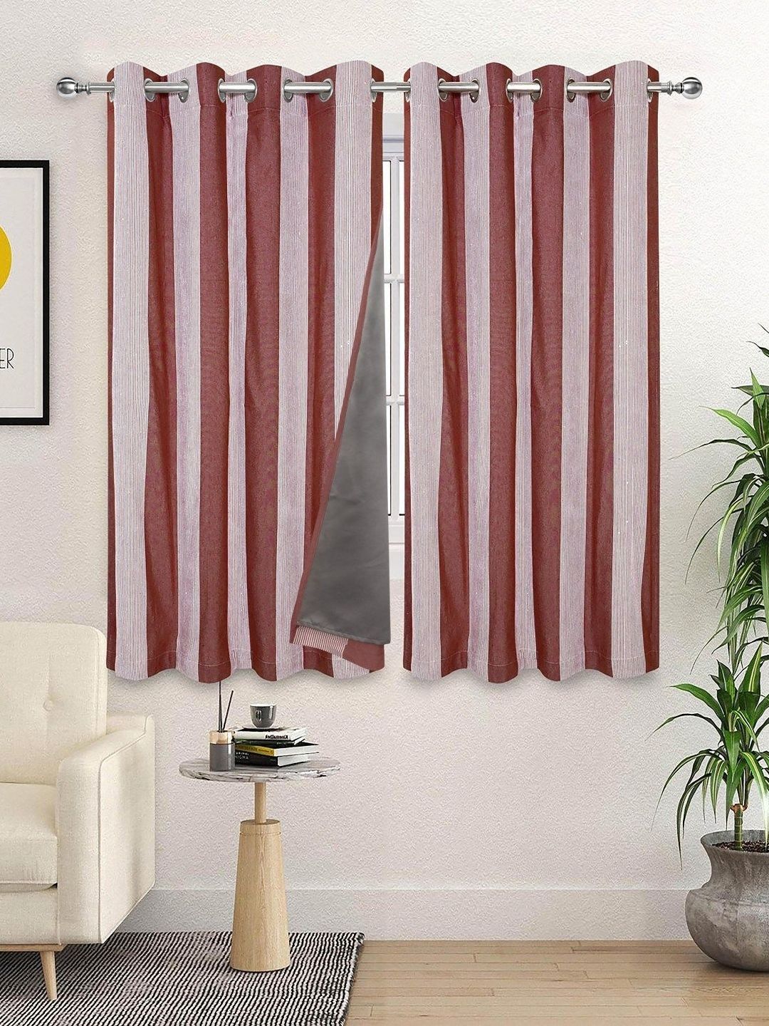 Saral Home Maroon & Pink 2 Pieces Striped Cotton Black Out Window Curtains-picture-39