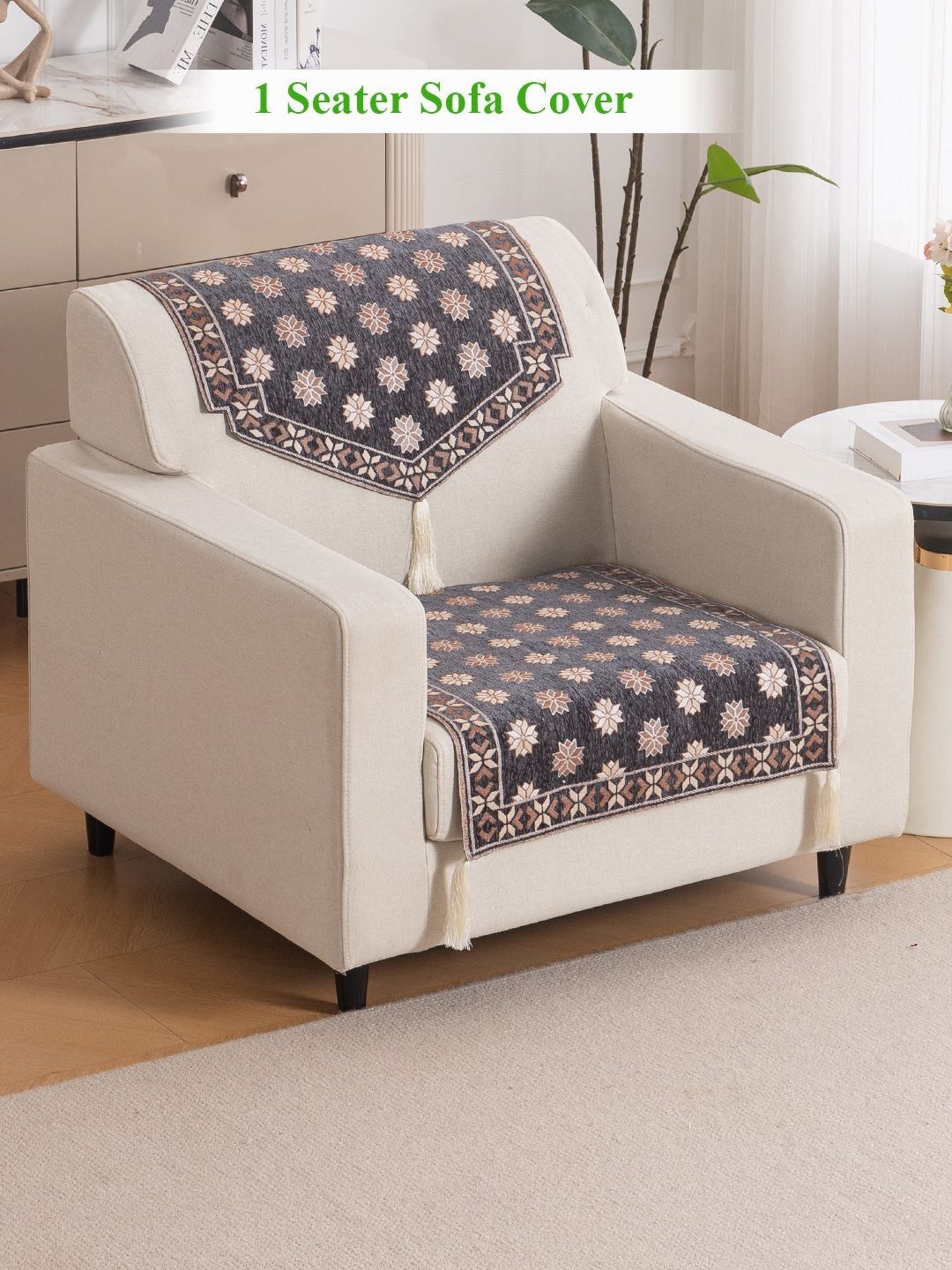 HOKIPO Graphite Grey Floral Premium Jacquard 1 Seater Sofa Cover for Seat and Back-picture-19