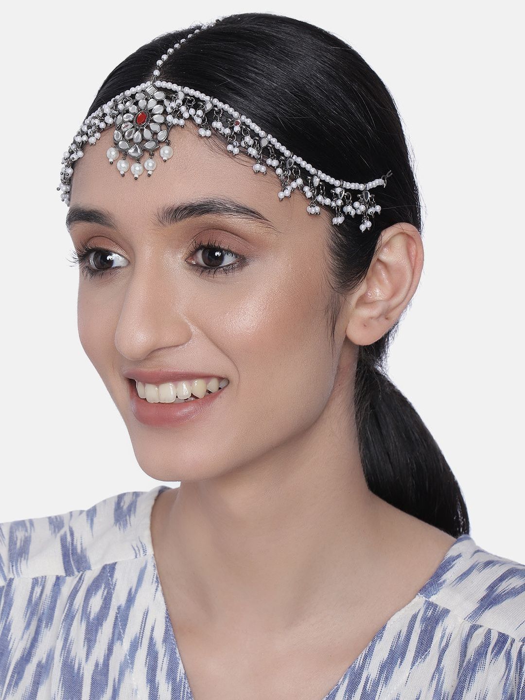 Sangria Silver Plated Artificial Stones and Beads Studded Oxidised Maang Tikka-image-22