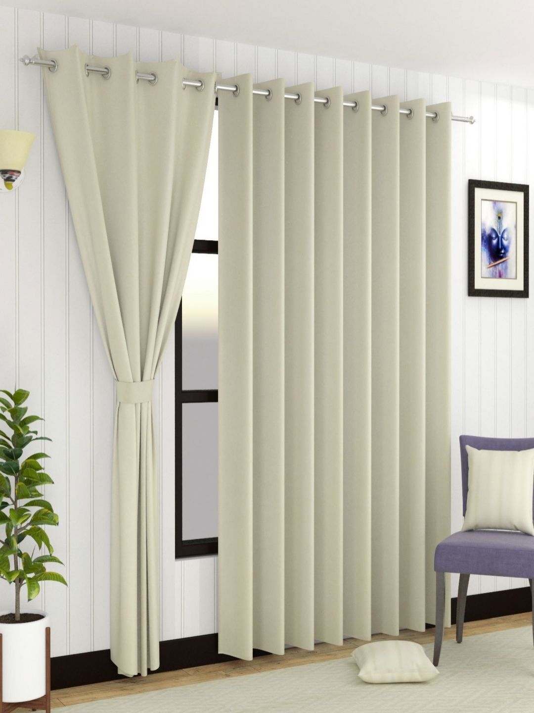 Aura Cream 2 Pieces Black Out Door Curtain-image-10