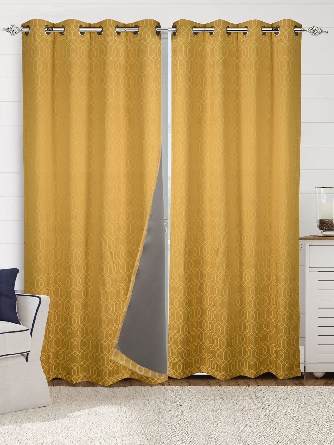 Saral Home Yellow & Grey 2 Pieces Geometric Printed Cotton Black Out Door Curtains-picture-40