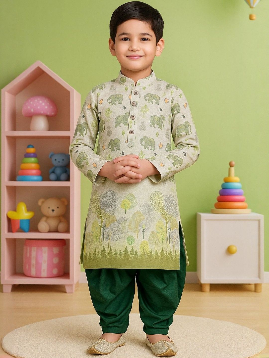 Cotton Blend Digital Printed Kurta & Dupion Silk Patiyala Set For Boys.