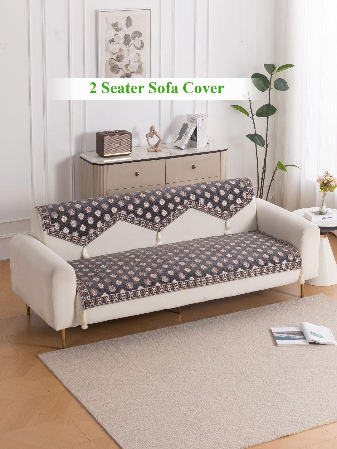 HOKIPO Graphite Grey Floral Premium Jacquard 3 Seater Sofa Cover for Seat and Back-picture-18