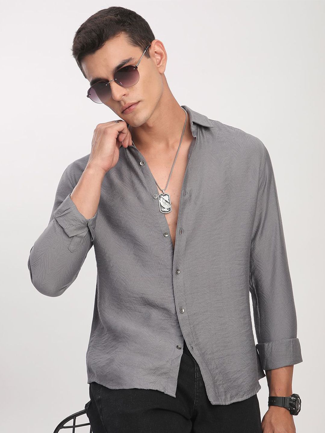 VASTRADO Men Classic Slim Fit Textured Spread Collar Casual Shirt-picture-28