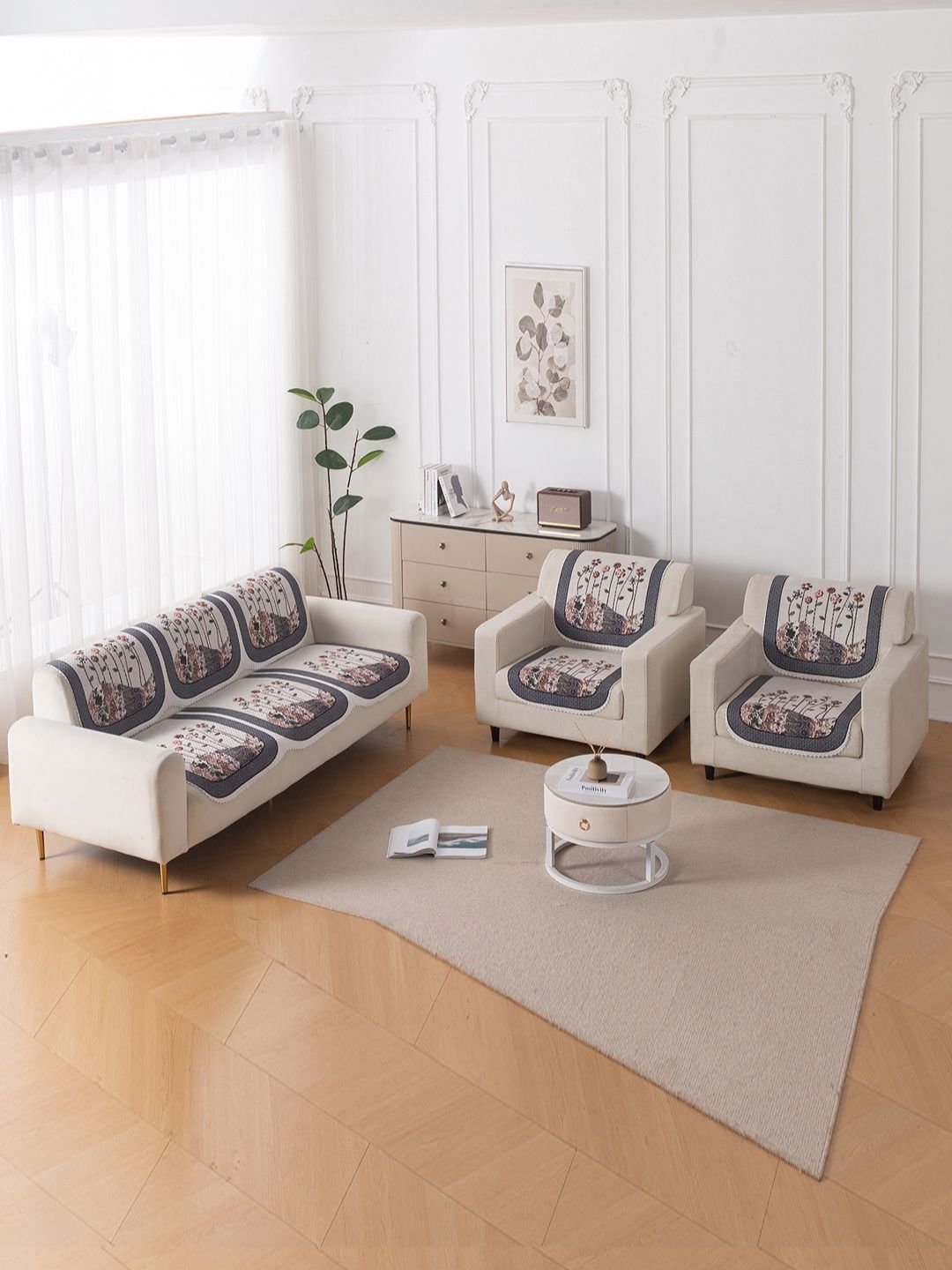 HOKIPO HeavenHue Cream-Coloured & Blue 6 Pieces Printed 5 Seater Sofa Covers-picture-15