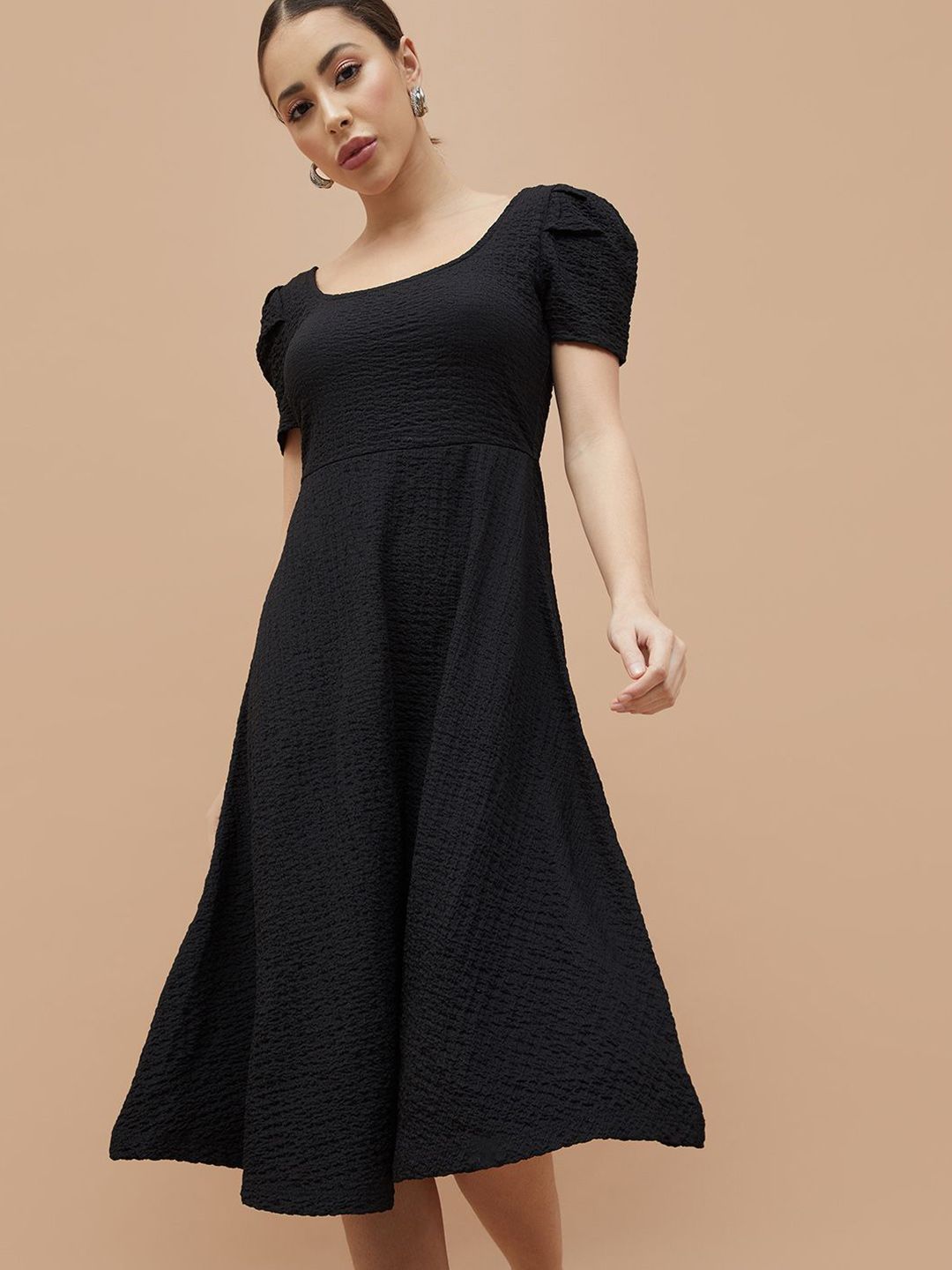 CODE by Lifestyle Women Solid Self Design Square Neck Puff Sleeve Fit & Flare Midi Dress-picture-37