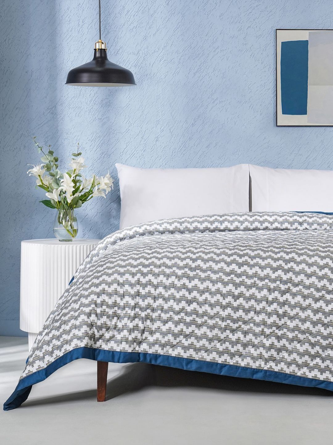 MASPAR White & Blue Abstract Printed 100 GSM & 200 TC AC Room Cotton Single Bed Quilt-picture-11