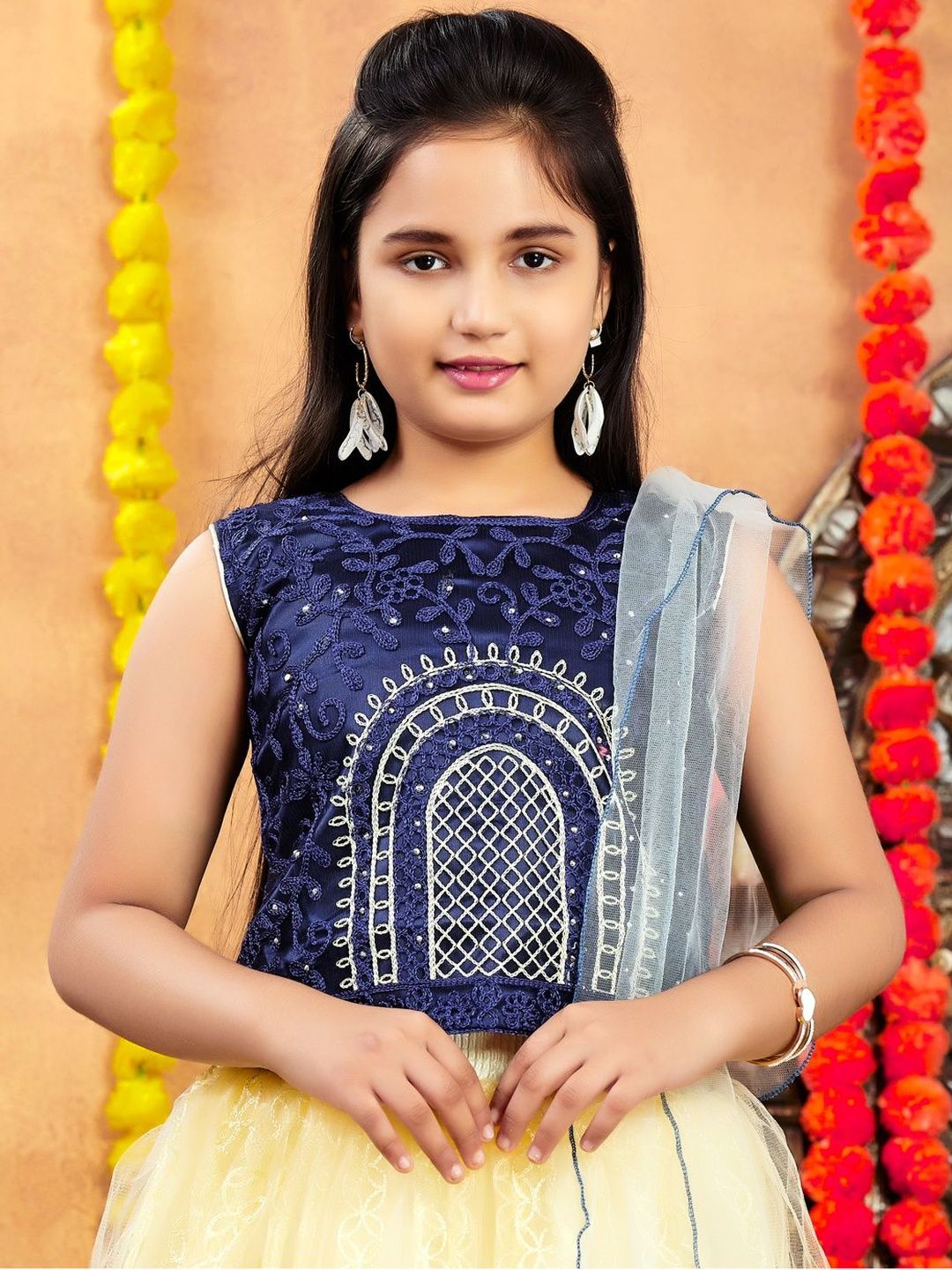 Muhuratam Girls Thread Embroidery Net Lehenga Choli Set-image-2