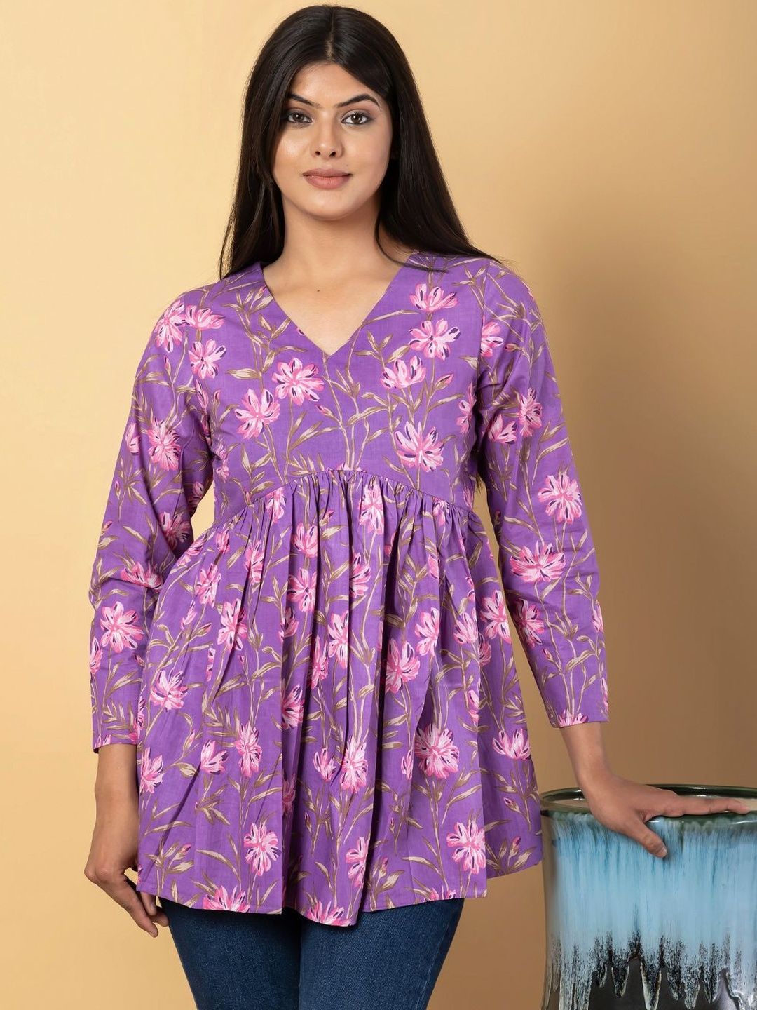 KALINI Floral Print Cotton Peplum Top-picture-30