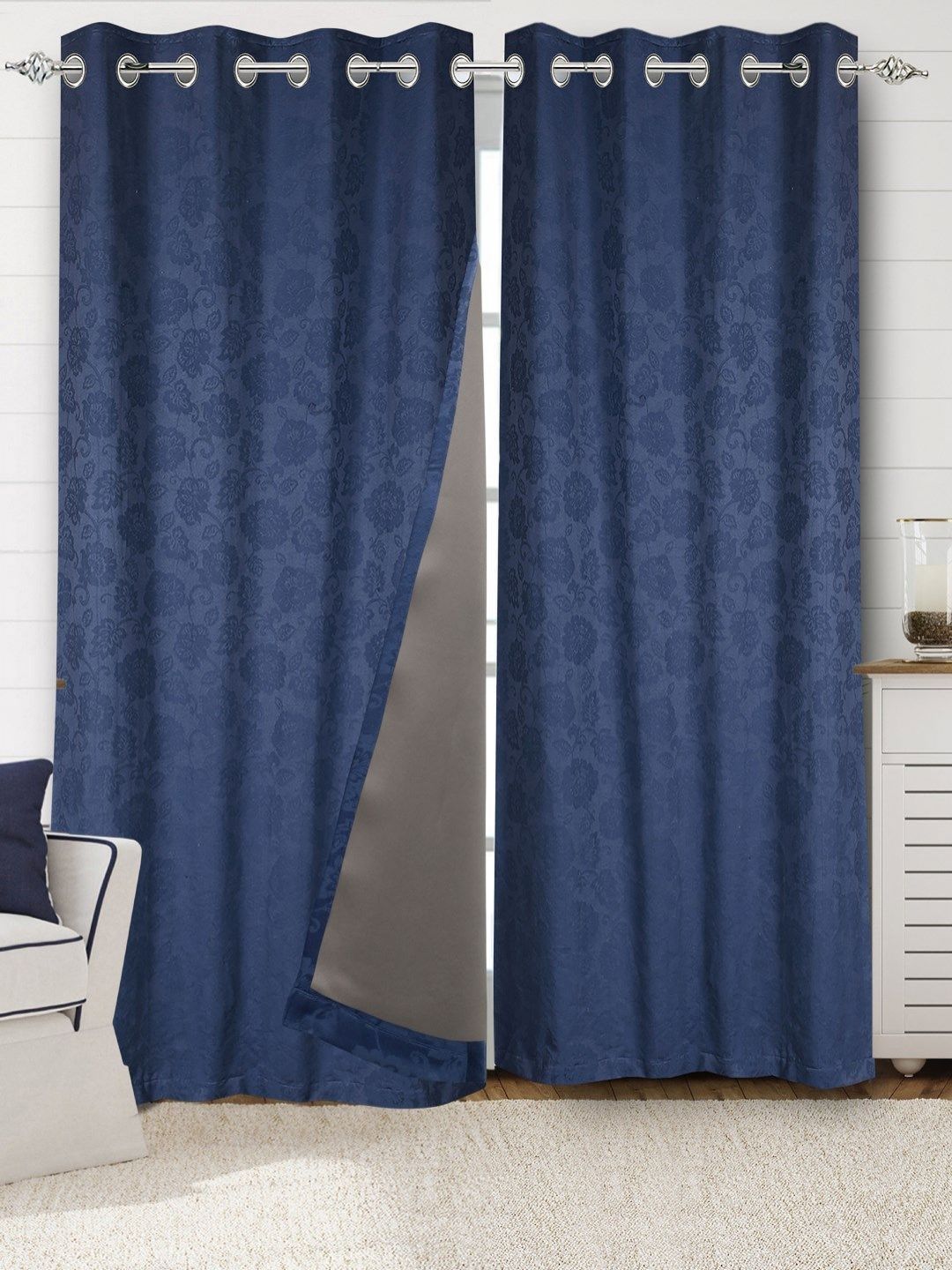 Saral Home Blue 2 Pieces Floral Black Out Cotton Door Curtains-picture-23