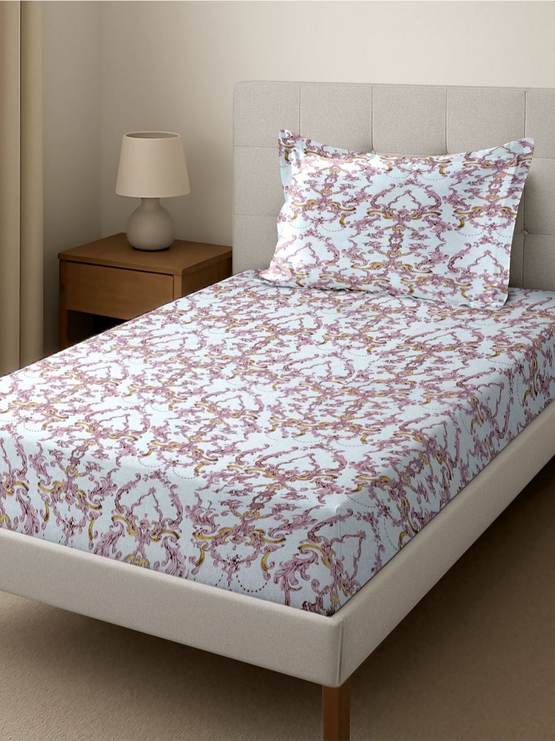 Florida Mauve & White Ethnic Motifs 160 TC Single Bedsheet with 1 Pillow Covers-image-3