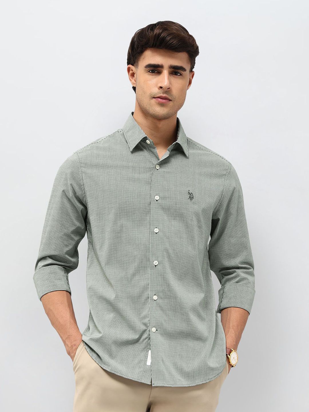 U.S. Polo Assn. Men Tailored Fit Micro Checked Spread Collar Casual Shirt-picture-10