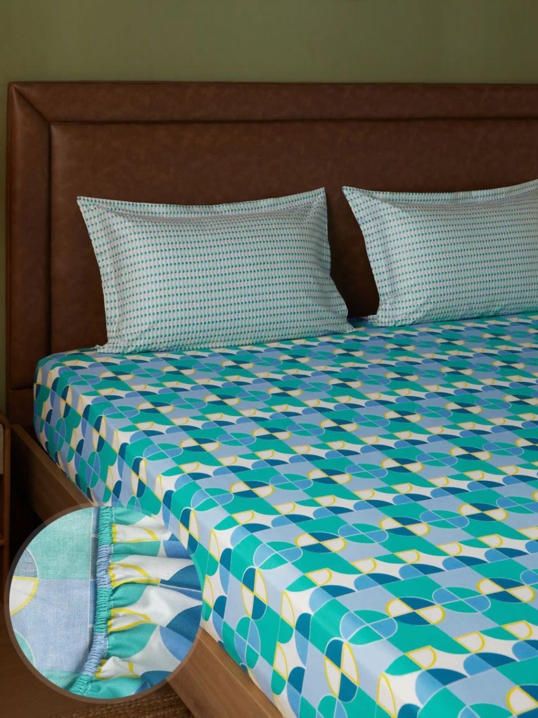 LIVSPACE Teal & White 144 TC Fitted Cotton Double King Bedsheet Set 1.98 m x 1.82 m-picture-31