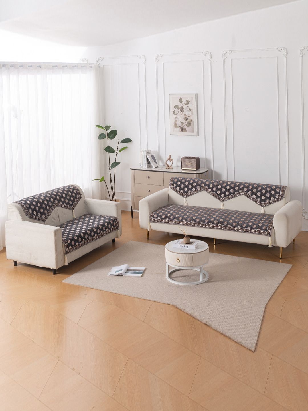 HOKIPO Graphite Grey Floral Premium Jacquard 5 Seater Sofa Cover for Seat and Back