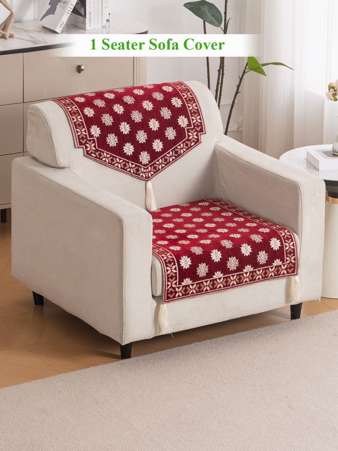 HOKIPO Crimson Red Floral Premium Jacquard 1 Seater Sofa Cover for Seat and Back-picture-31