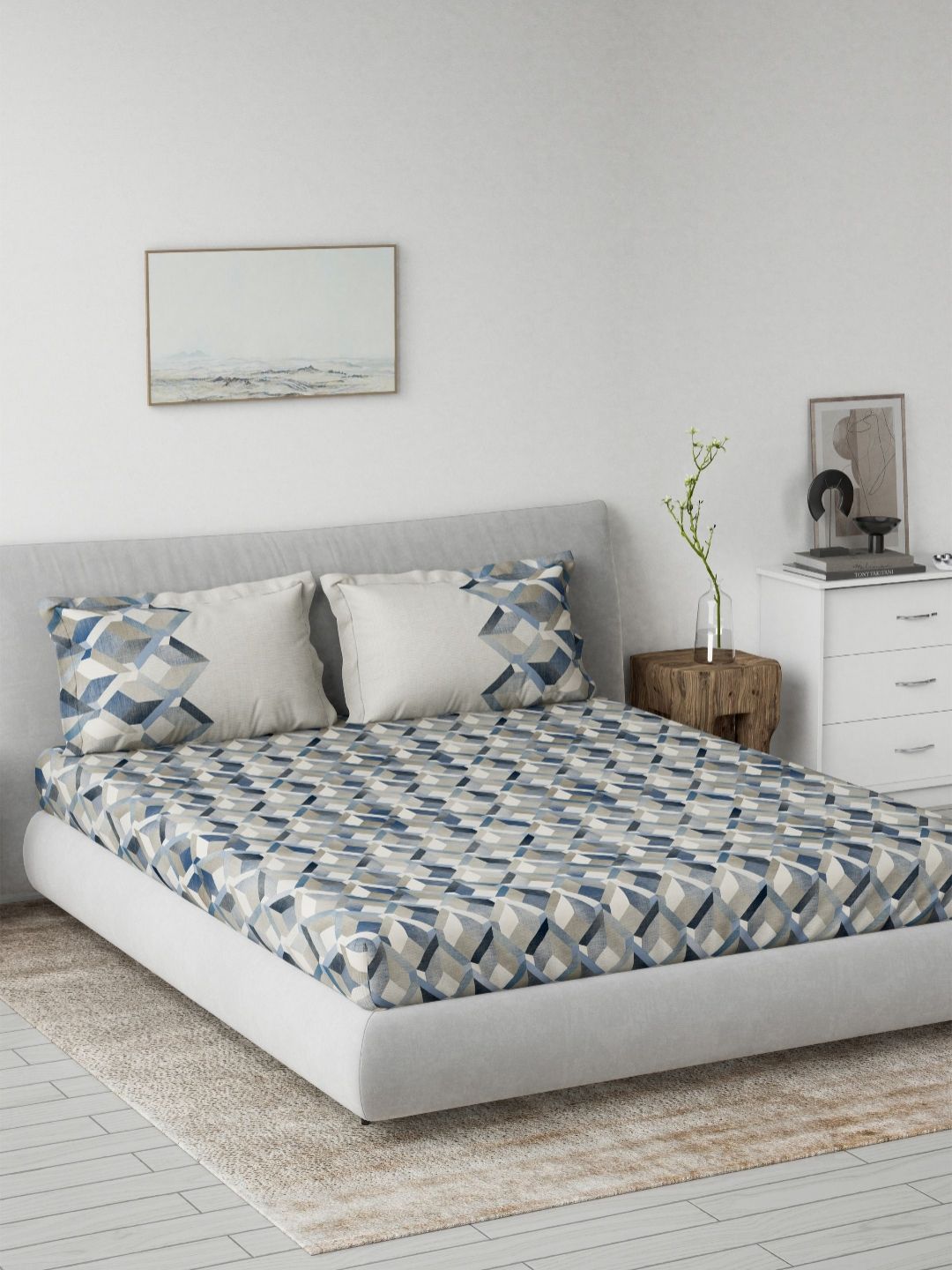 DDecor Blue & White Printed Pure Cotton 144 TC King Bedsheet Set 2.29m x 2.74m-picture-27