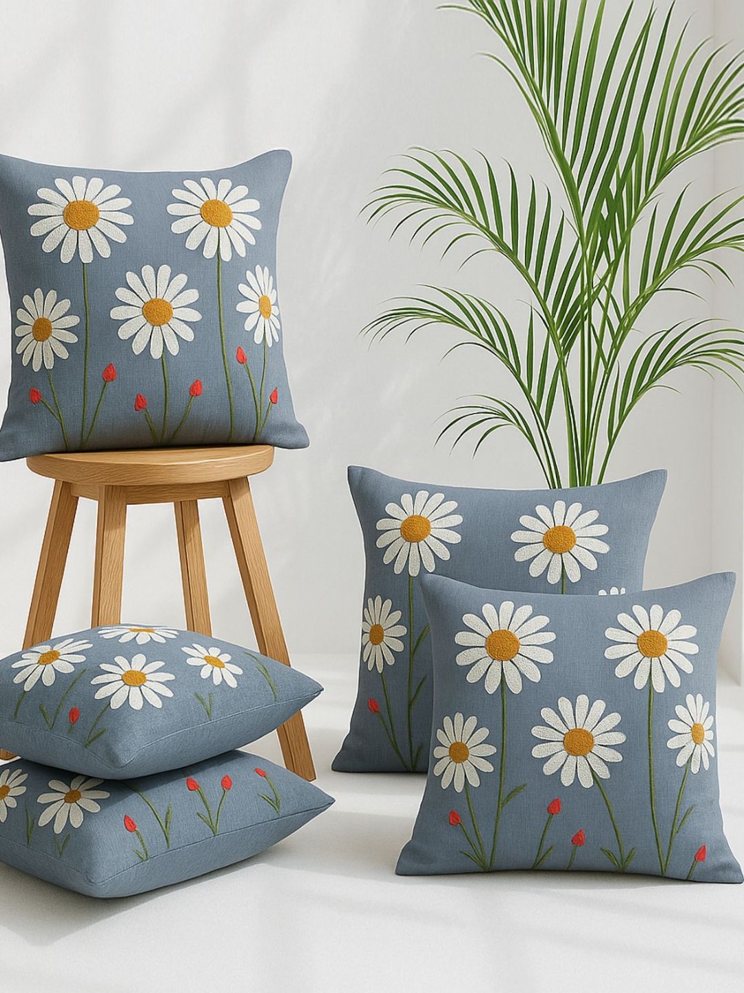 MFD HOME FURNISHING Blue & White Set of 5 Floral Square Cushion Covers-picture-34