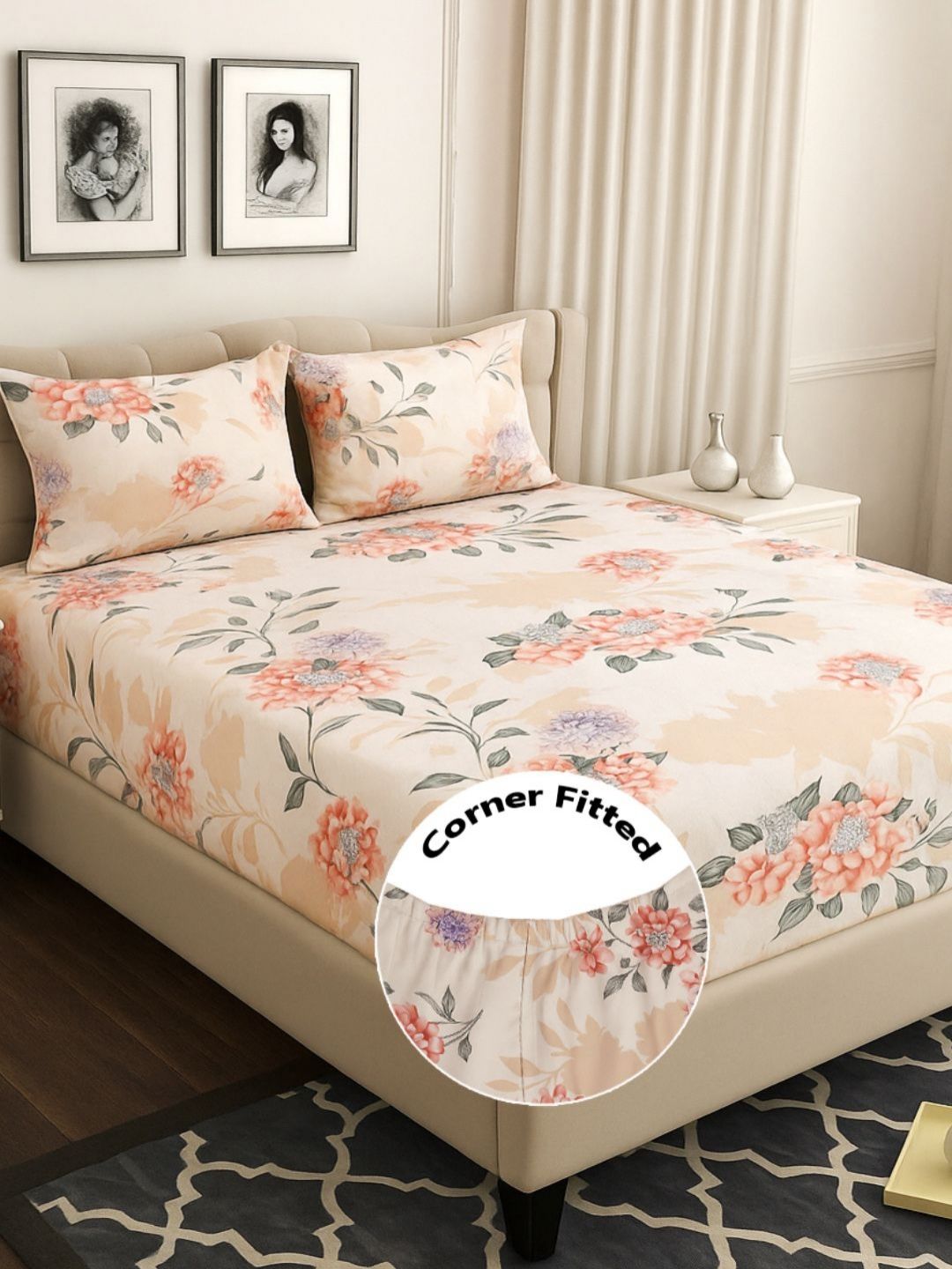 bsb home Pink & White Floral Printed 210 TC Fitted Bedsheet Set 1.82 m x 1.72 m-picture-14