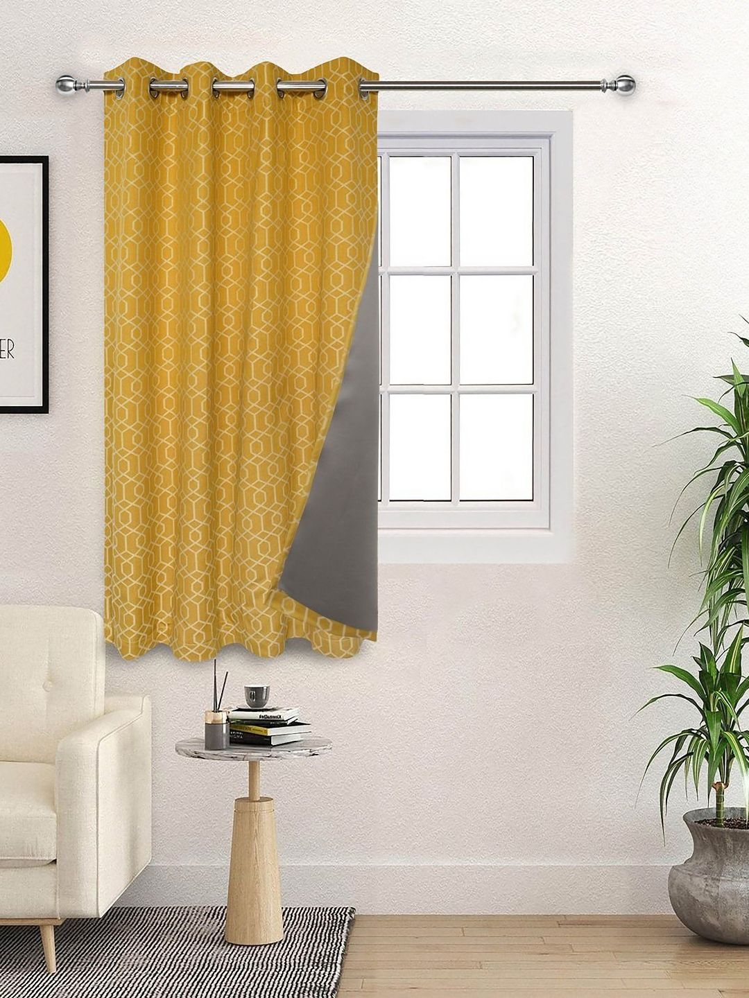 Saral Home Yellow 2 Pieces Geometric Black Out Cotton Window Curtains-picture-45