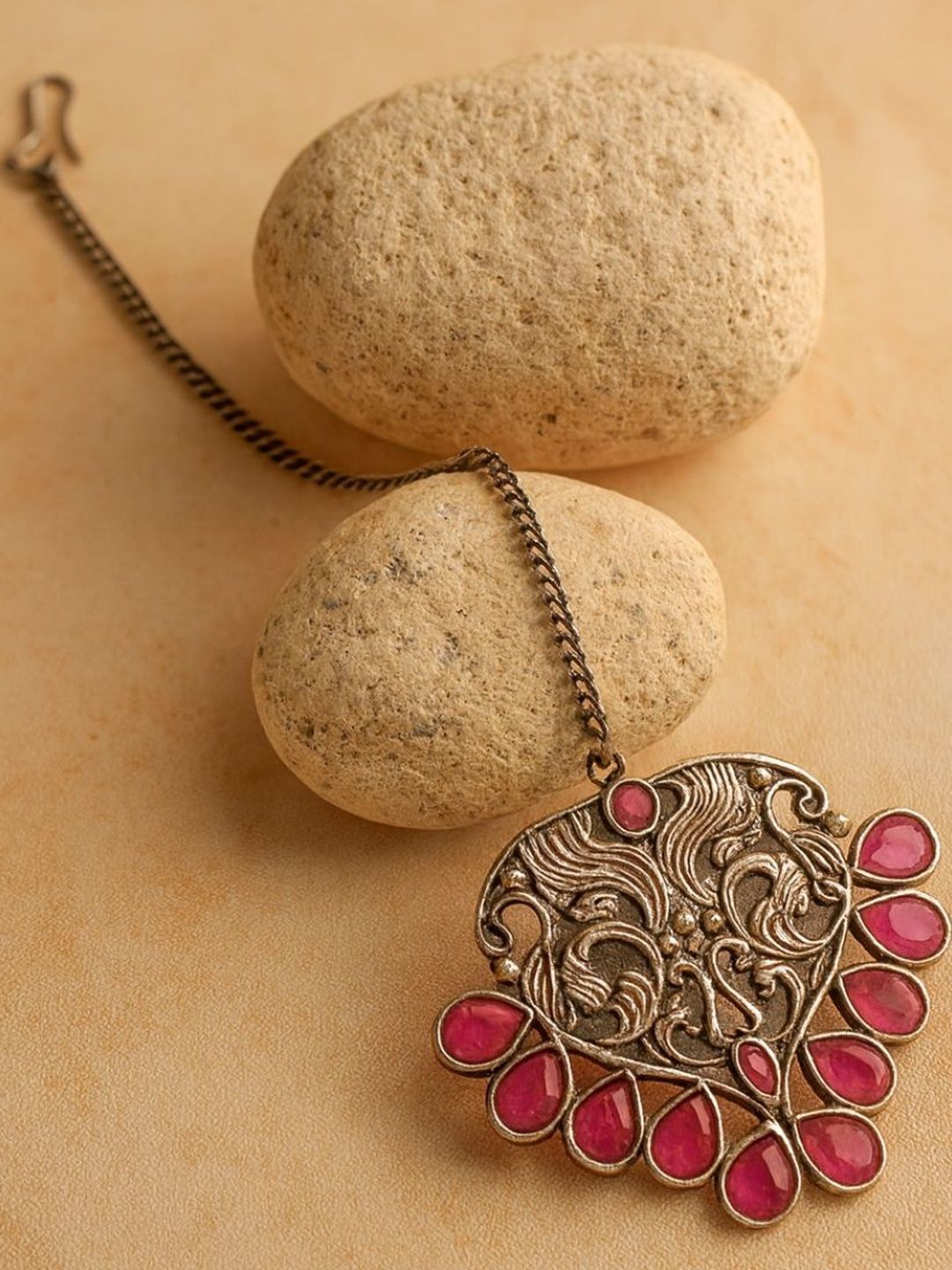 Sangria Silver-Plated Artificial Stones and Beads Studded Maang Tikka-image-21