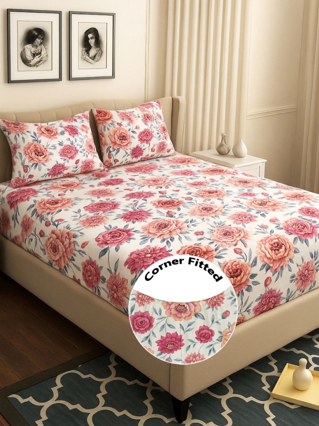 bsb home White & Pink Floral Printed 210 TC Fitted Bedsheet Set 1.82 m x 1.72 m-picture-15