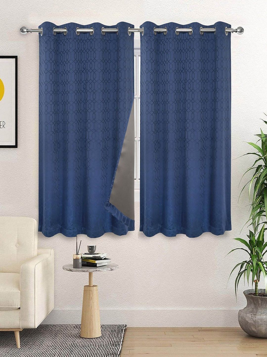 Saral Home Blue & Black 2 Pieces Geometric Black Out Cotton Window Curtains-picture-29
