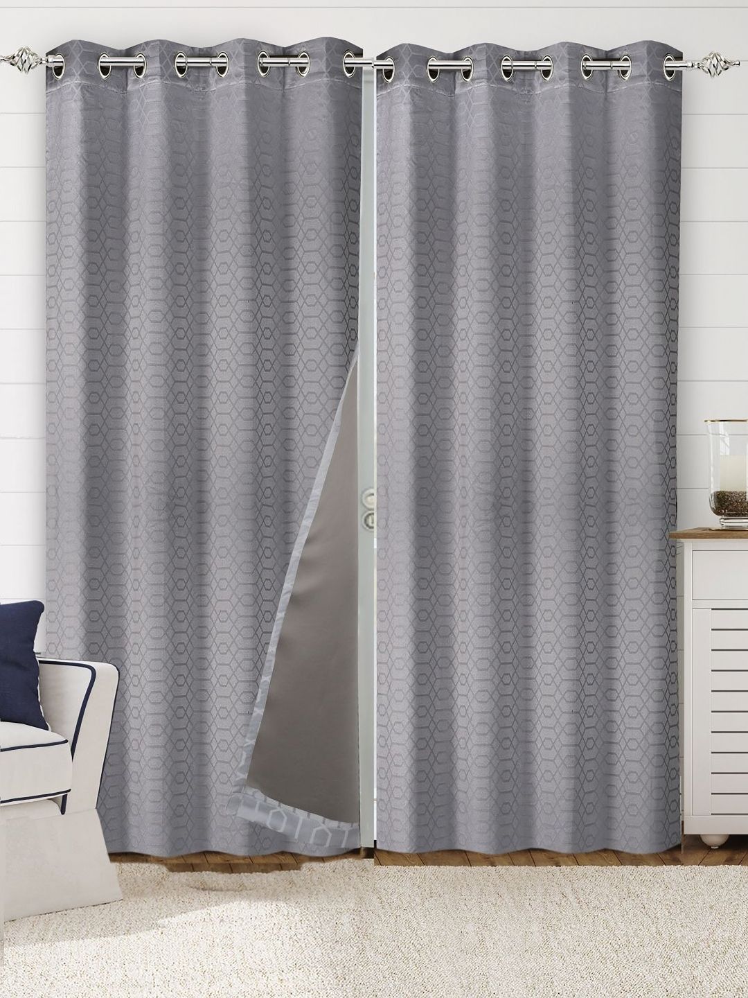 Saral Home Grey 2 Pieces Geometric Printed Cotton Black Out Long Door Curtains-picture-14