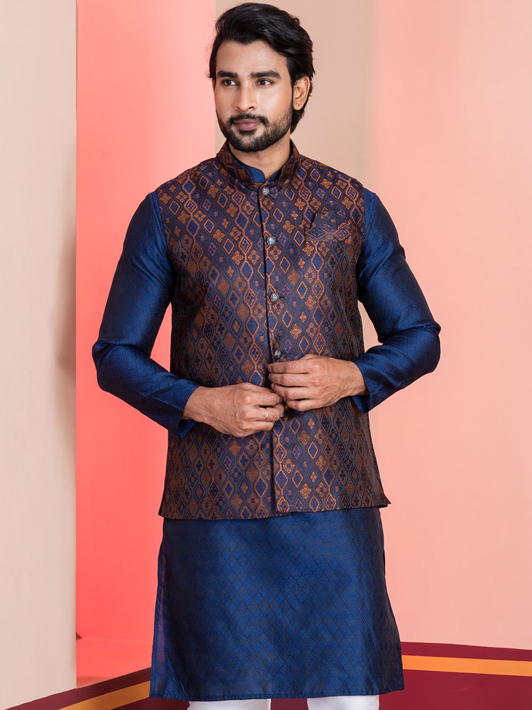 DEVOILER Men Geometric Printed Mandarin Collar Tailored-Fit Nehru Jackets-image-26